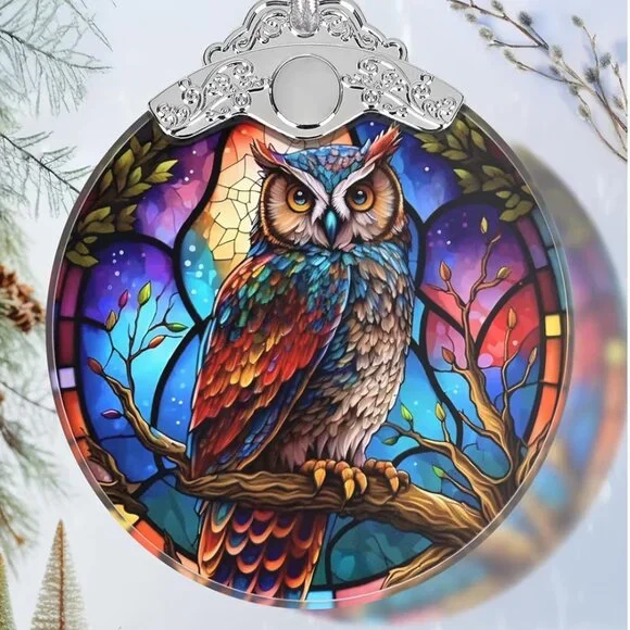 Owl Ornament Stained Glass Hanging Decor Holiday-Sun Catcher-Christmas - Picture 1 of 7